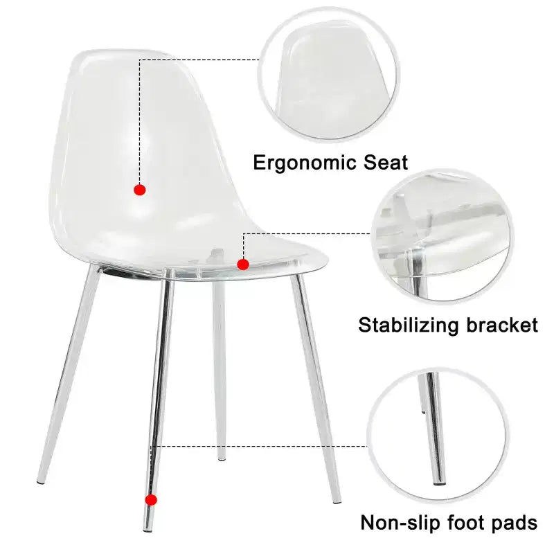 Set van 6 moderne acryl eetkamerstoelen met transparante lepelvormige zittingen, heldere stoelen met gouden poten, voor eetkamer, keuken, woonkamer, zilver