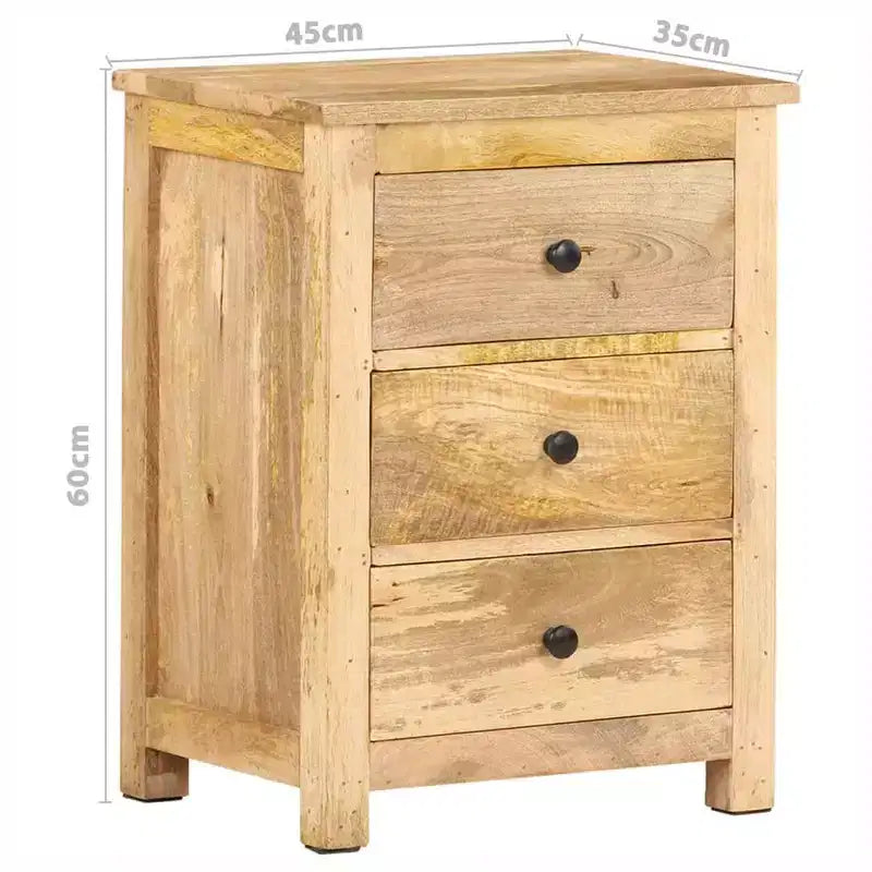 Solid Mango Wood Bedside Cabinet, 17.7x13.8x23.6", 3-Drawer Nightstand