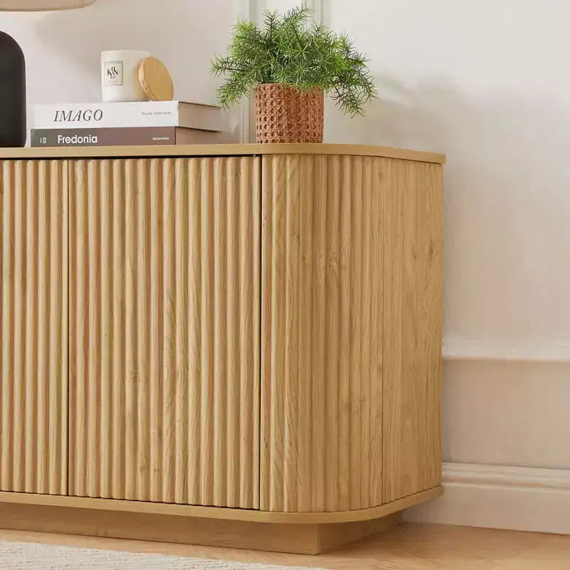 Vertical Striped Wooden Buffet Sideboard Storage Cabinet TV Stand, Curved Corner Pantry Cabinets for Dining Room, Kitchen