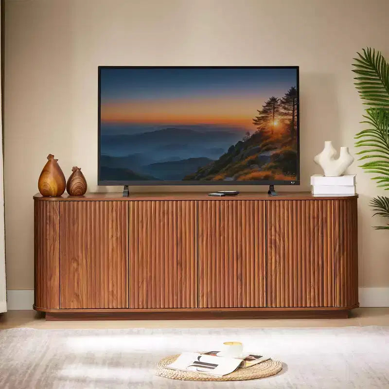 Vertical Striped Wooden Buffet Sideboard Storage Cabinet TV Stand, Curved Corner Pantry Cabinets for Dining Room, Kitchen