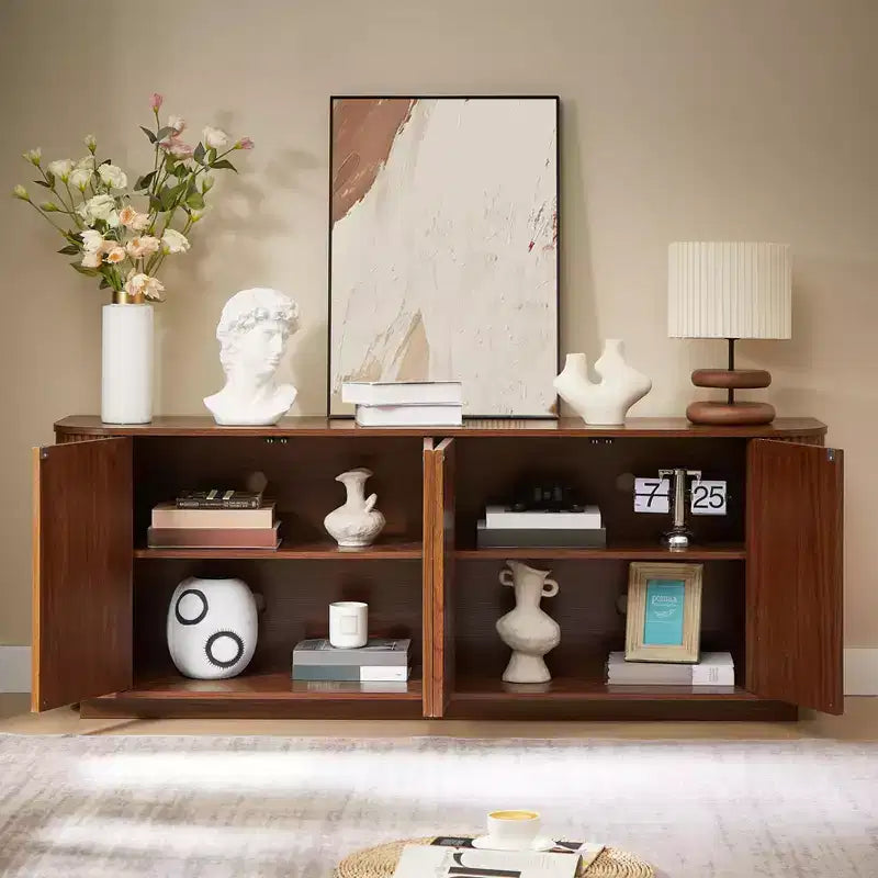 Vertical Striped Wooden Buffet Sideboard Storage Cabinet TV Stand, Curved Corner Pantry Cabinets for Dining Room, Kitchen