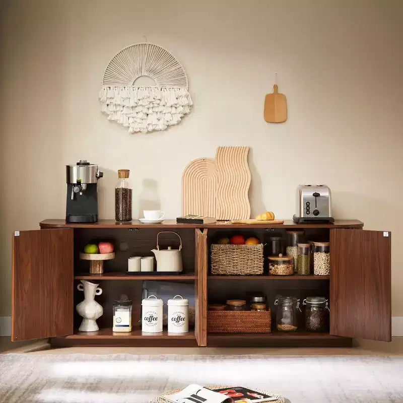 Vertical Striped Wooden Buffet Sideboard Storage Cabinet TV Stand, Curved Corner Pantry Cabinets for Dining Room, Kitchen