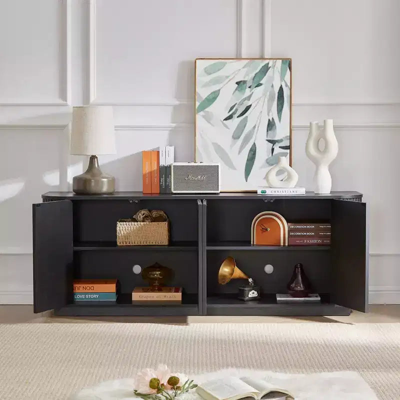 Vertical Striped Wooden Buffet Sideboard Storage Cabinet TV Stand, Curved Corner Pantry Cabinets for Dining Room, Kitchen
