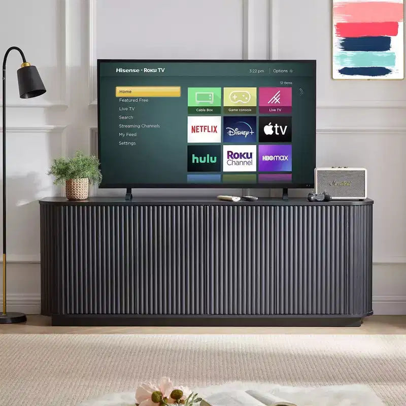 Vertical Striped Wooden Buffet Sideboard Storage Cabinet TV Stand, Curved Corner Pantry Cabinets for Dining Room, Kitchen