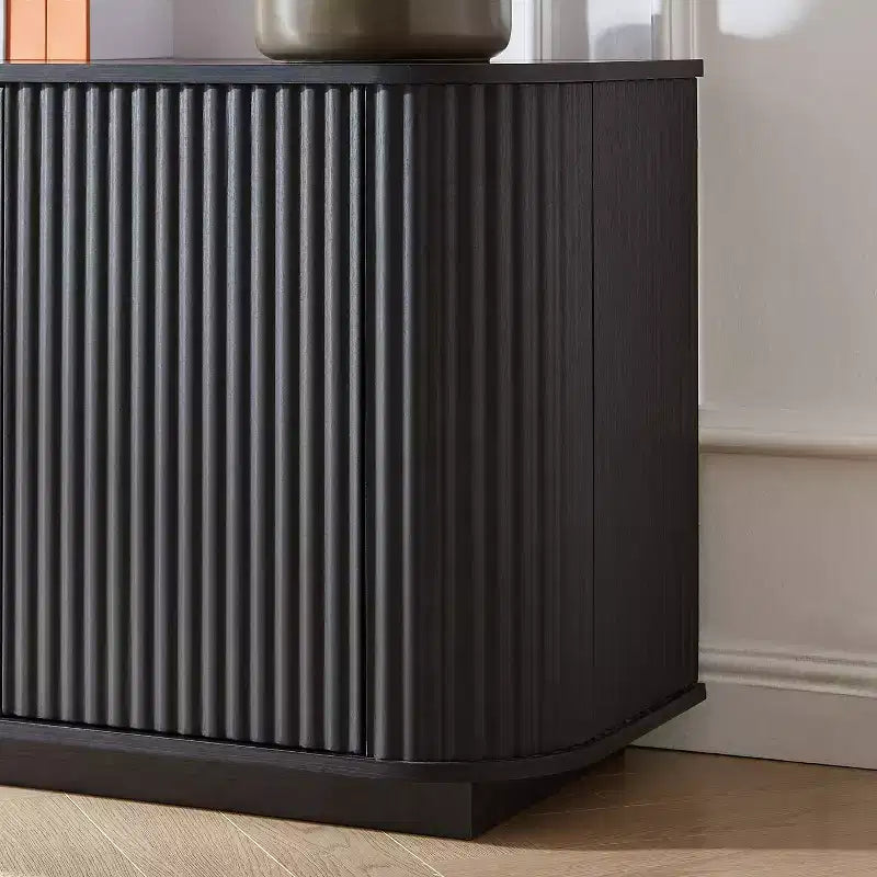 Vertical Striped Wooden Buffet Sideboard Storage Cabinet TV Stand, Curved Corner Pantry Cabinets for Dining Room, Kitchen