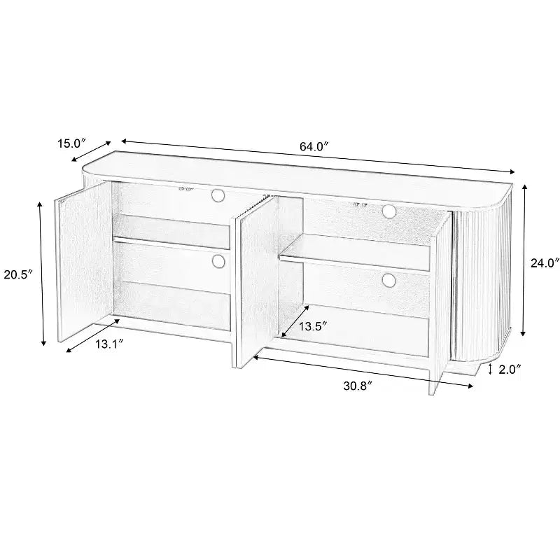 Vertical Striped Wooden Buffet Sideboard Storage Cabinet TV Stand, Curved Corner Pantry Cabinets for Dining Room, Kitchen