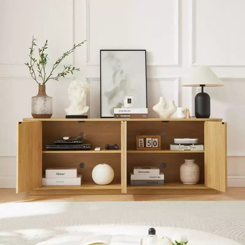 Vertical Striped Wooden Buffet Sideboard Storage Cabinet TV Stand, Curved Corner Pantry Cabinets for Dining Room, Kitchen