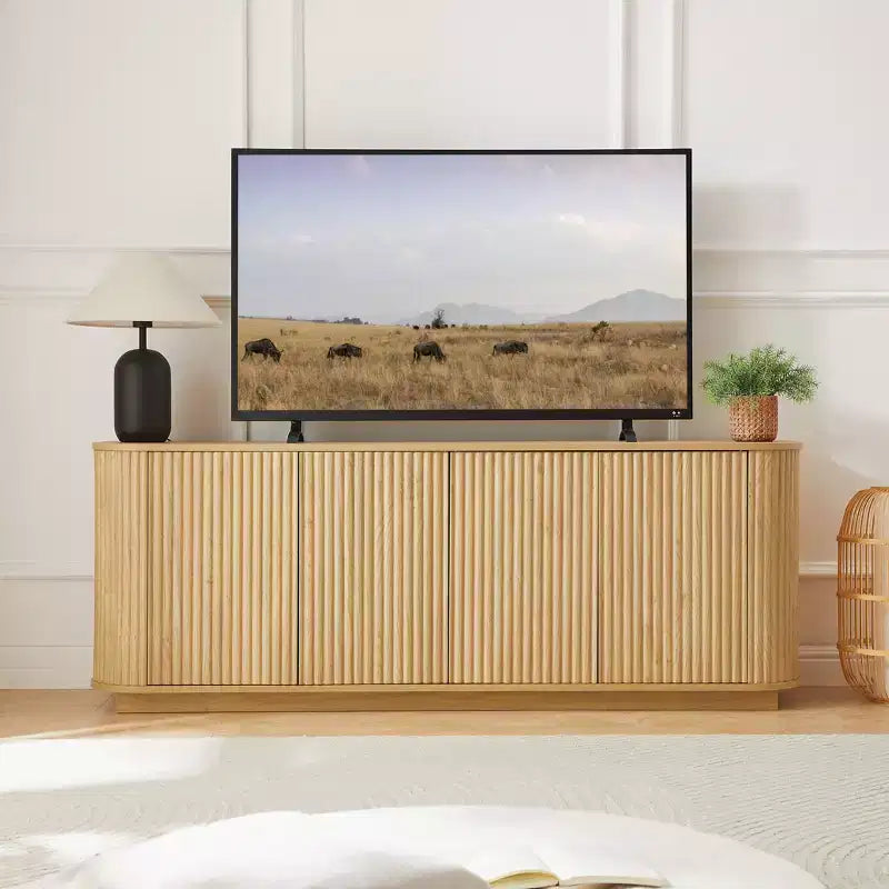Vertical Striped Wooden Buffet Sideboard Storage Cabinet TV Stand, Curved Corner Pantry Cabinets for Dining Room, Kitchen