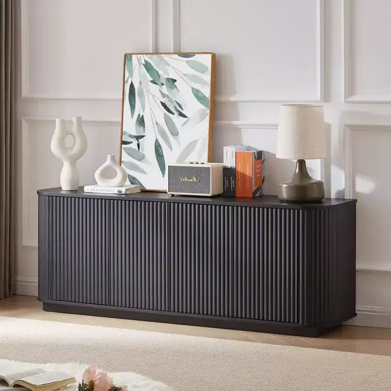Vertical Striped Wooden Buffet Sideboard Storage Cabinet TV Stand, Curved Corner Pantry Cabinets for Dining Room, Kitchen