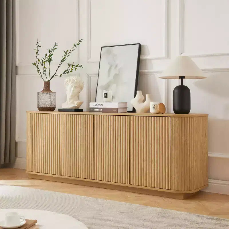 Vertical Striped Wooden Buffet Sideboard Storage Cabinet TV Stand, Curved Corner Pantry Cabinets for Dining Room, Kitchen