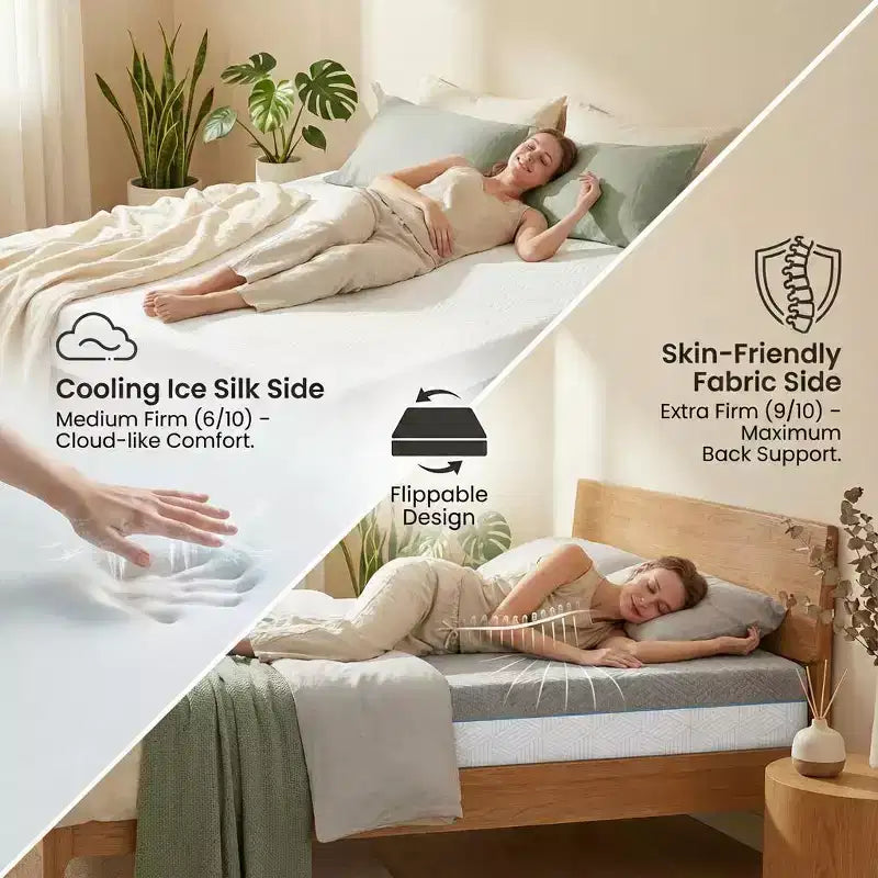 Colchón de espuma viscoelástica refrescante, firmeza doble cara con funda de seda fría, cama con gel de té verde para soporte de sueño
