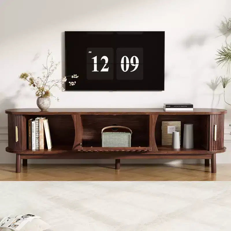 Mobile TV vintage con porta scorrevole per TV da 75 pollici, mobile porta TV in legno con ante e gambe in legno massello per soggiorno, marrone scuro