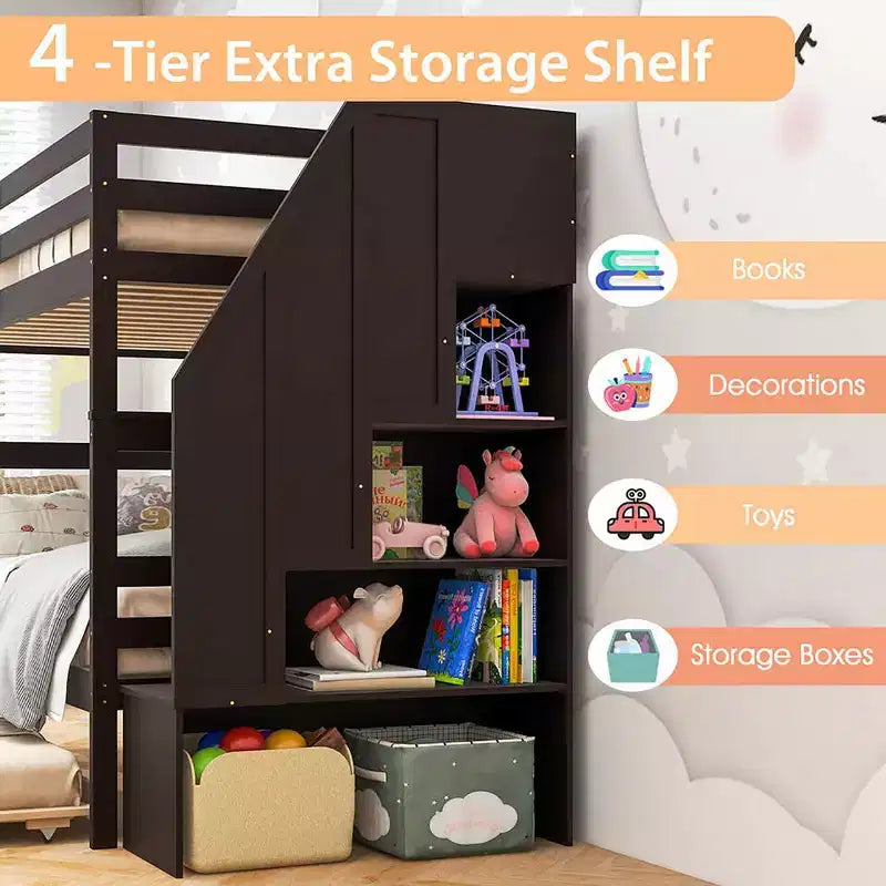 Letto a castello in legno Twin su Twin con cassettone estraibile, scale con contenitore, convertibile