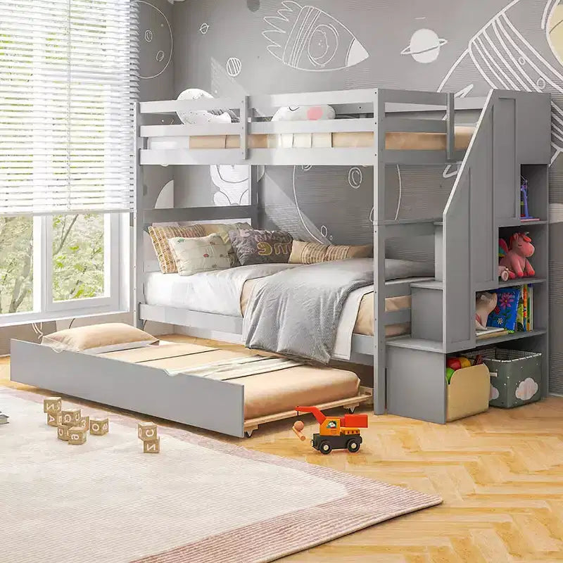 Letto a castello in legno Twin su Twin con cassettone estraibile, scale con contenitore, convertibile