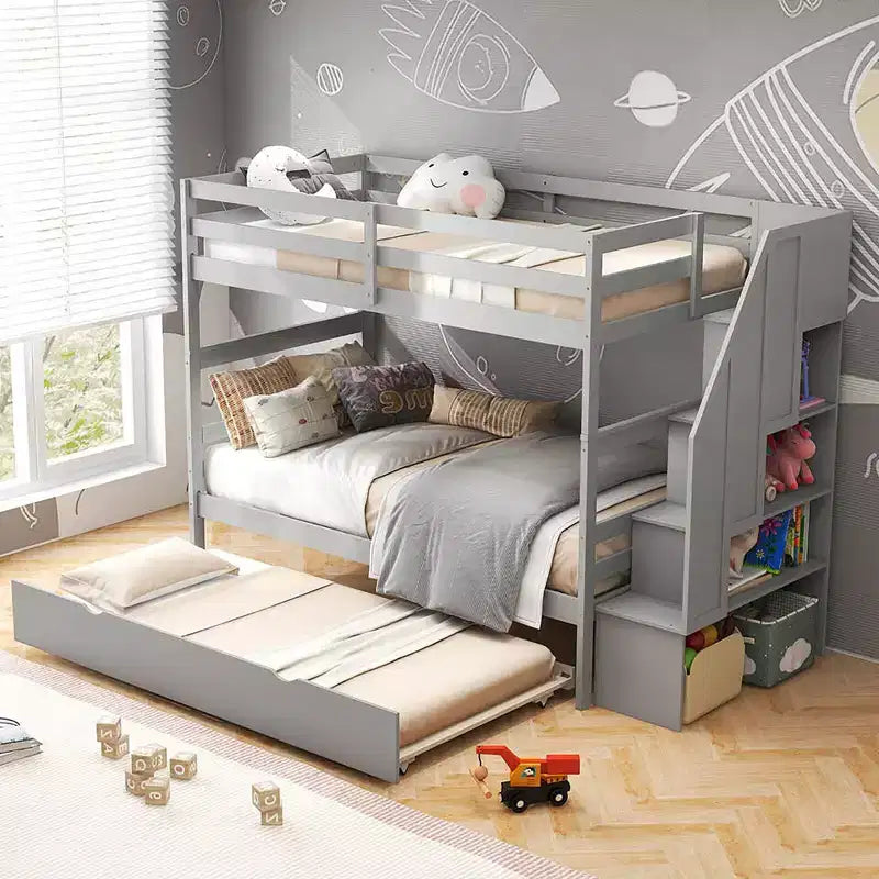 Letto a castello in legno Twin su Twin con cassettone estraibile, scale con contenitore, convertibile