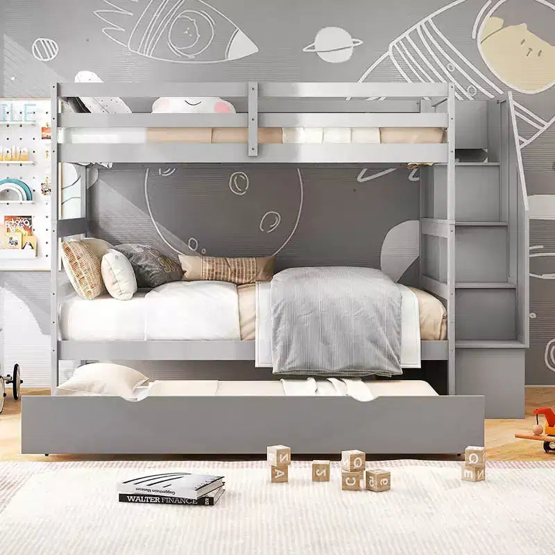 Letto a castello in legno Twin su Twin con cassettone estraibile, scale con contenitore, convertibile