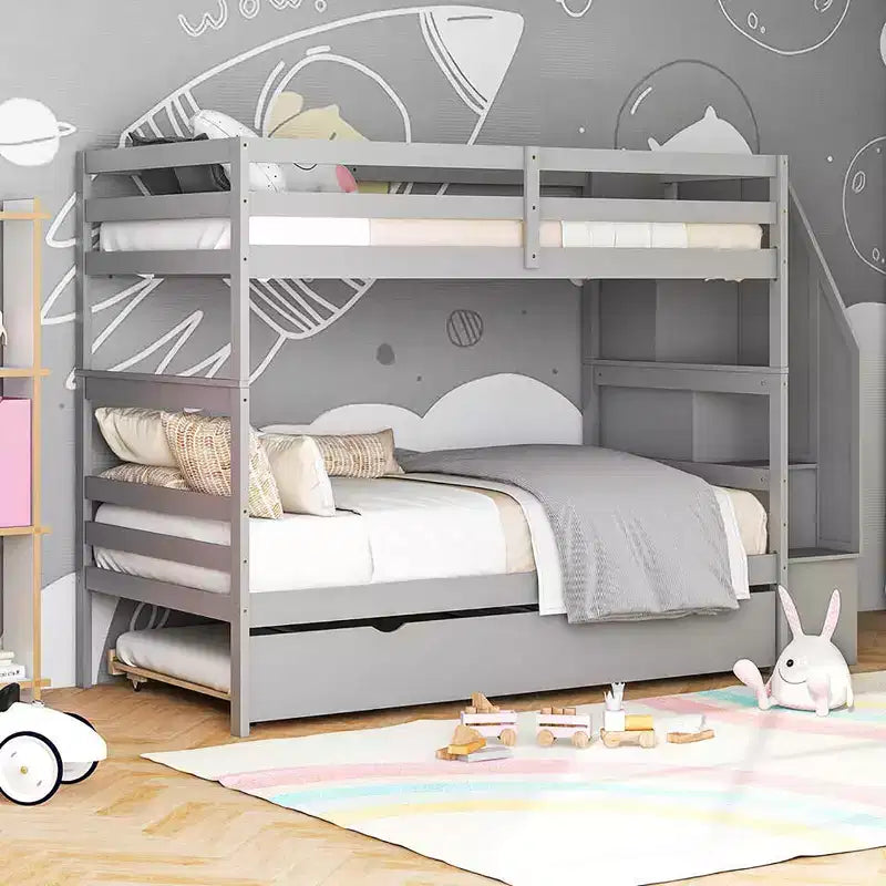 Letto a castello in legno Twin su Twin con cassettone estraibile, scale con contenitore, convertibile