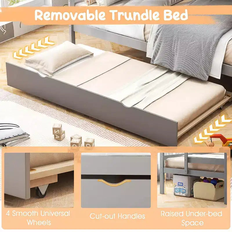 Letto a castello in legno Twin su Twin con cassettone estraibile, scale con contenitore, convertibile