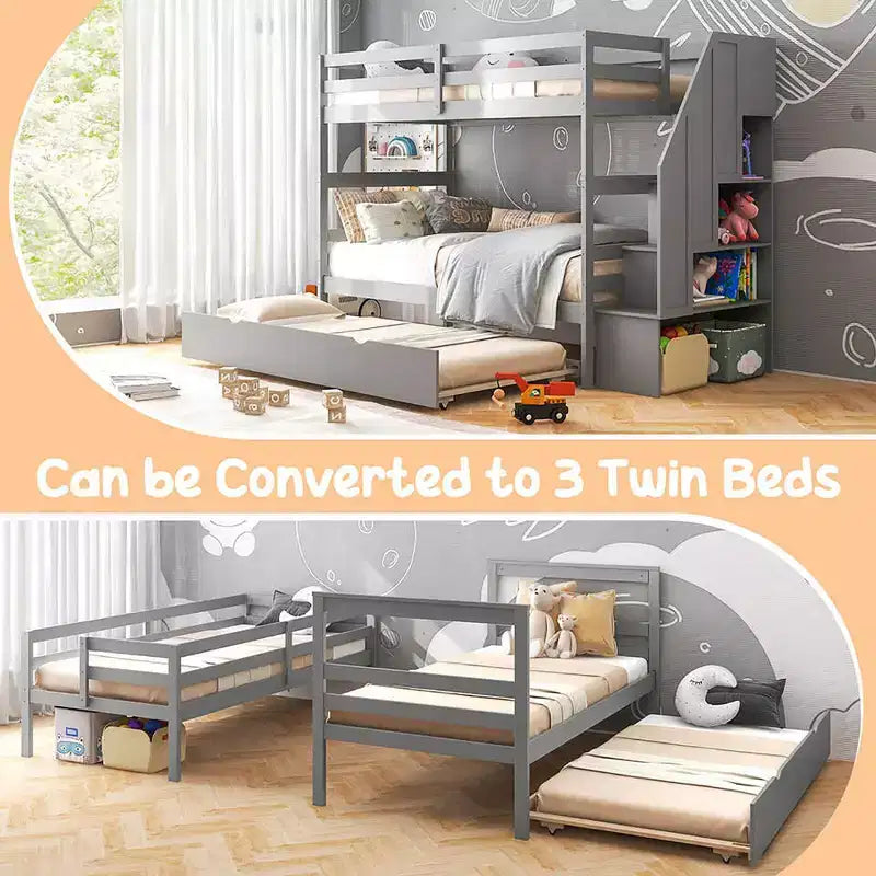 Letto a castello in legno Twin su Twin con cassettone estraibile, scale con contenitore, convertibile