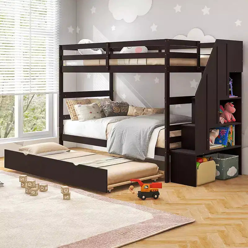 Twin over Twin Wooden Bunk Bed with Trundle, Storage Stairs, Convertible