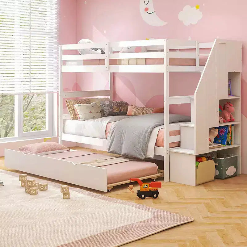 Letto a castello in legno Twin su Twin con cassettone estraibile, scale con contenitore, convertibile