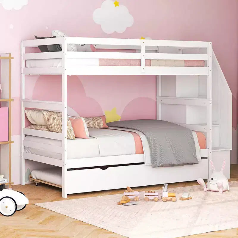 Letto a castello in legno Twin su Twin con cassettone estraibile, scale con contenitore, convertibile