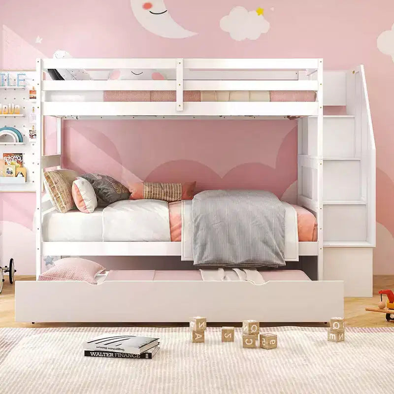 Letto a castello in legno Twin su Twin con cassettone estraibile, scale con contenitore, convertibile