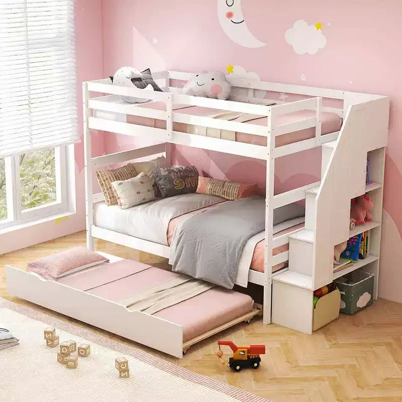 Letto a castello in legno Twin su Twin con cassettone estraibile, scale con contenitore, convertibile