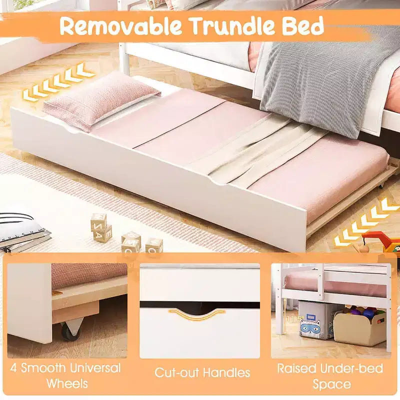 Letto a castello in legno Twin su Twin con cassettone estraibile, scale con contenitore, convertibile