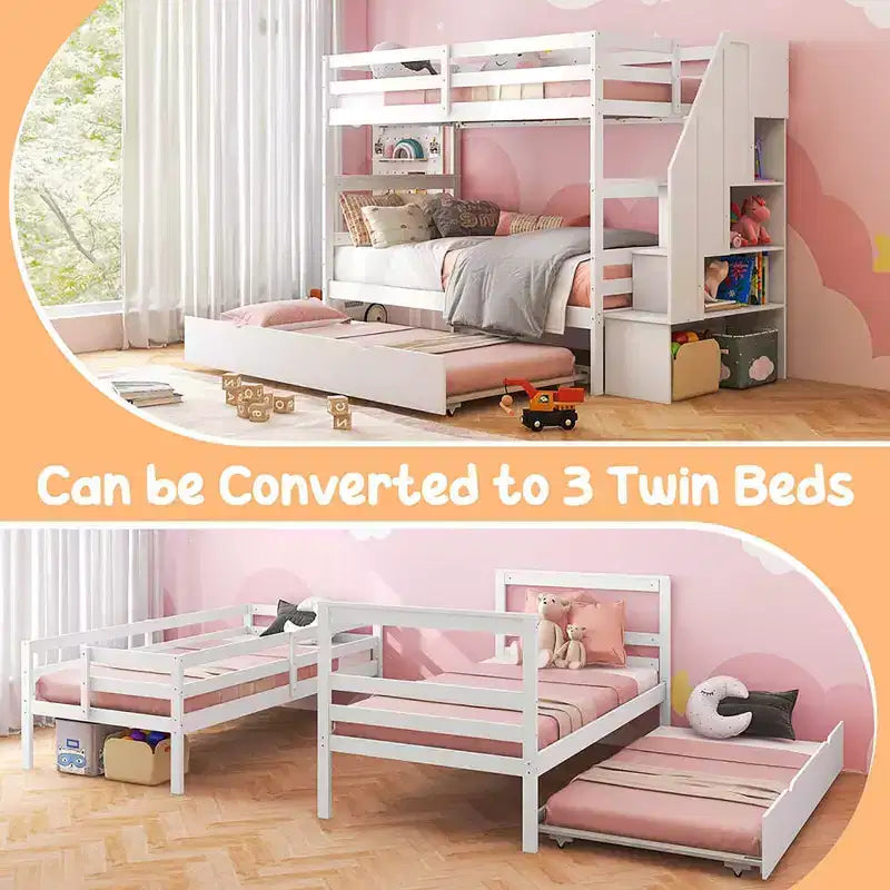 Letto a castello in legno Twin su Twin con cassettone estraibile, scale con contenitore, convertibile