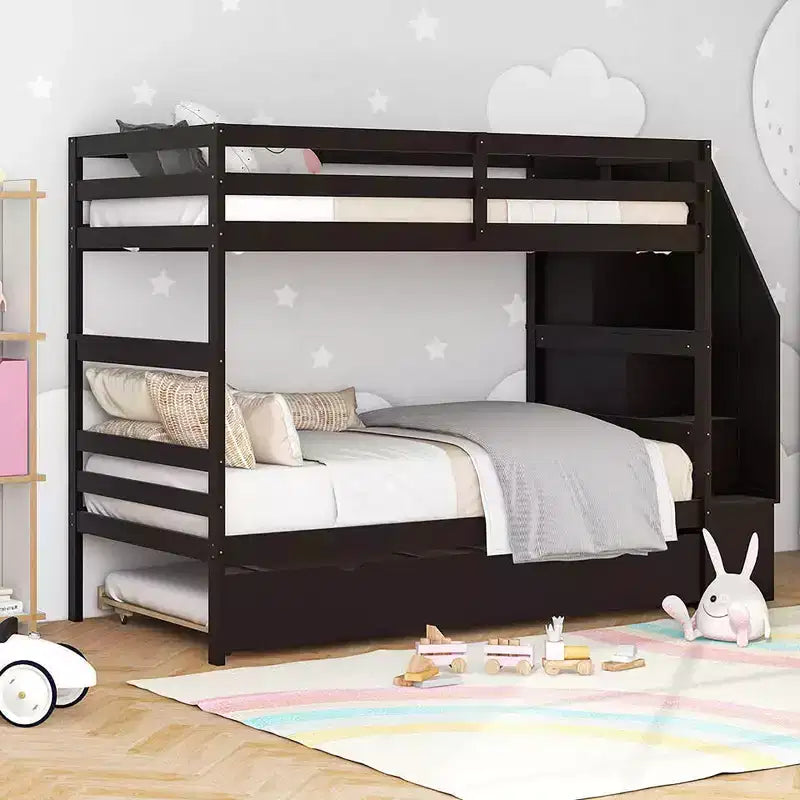 Twin over Twin Wooden Bunk Bed with Trundle, Storage Stairs, Convertible