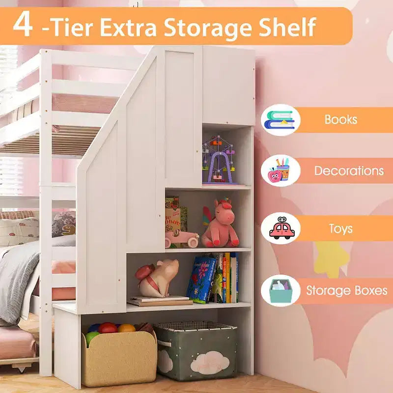Letto a castello in legno Twin su Twin con cassettone estraibile, scale con contenitore, convertibile