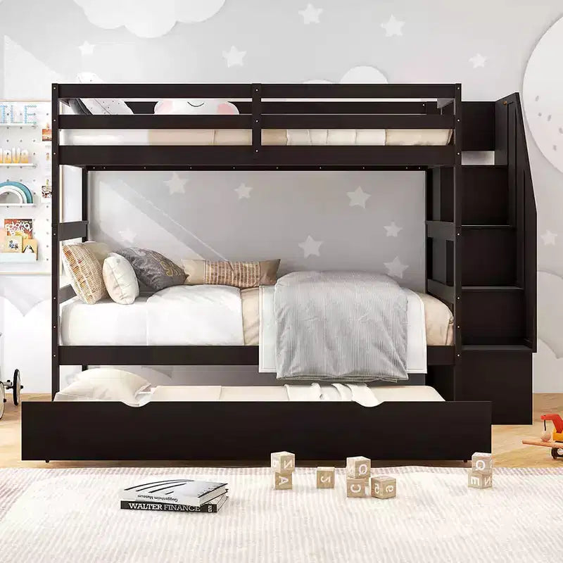 Twin over Twin Wooden Bunk Bed with Trundle, Storage Stairs, Convertible