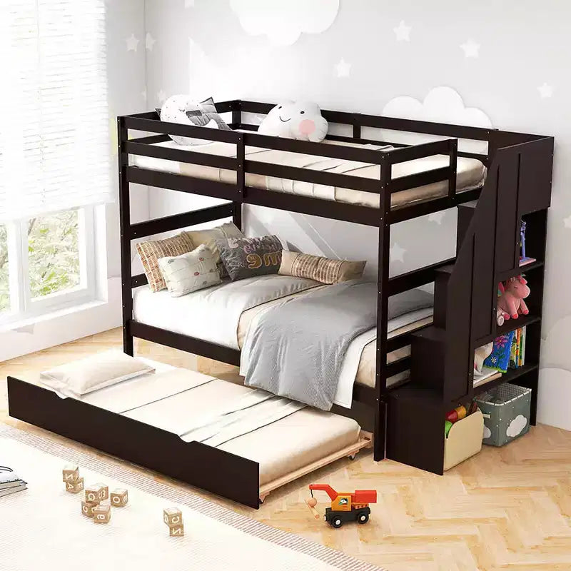 Twin over Twin Wooden Bunk Bed with Trundle, Storage Stairs, Convertible