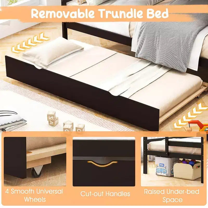 Twin over Twin Wooden Bunk Bed with Trundle, Storage Stairs, Convertible