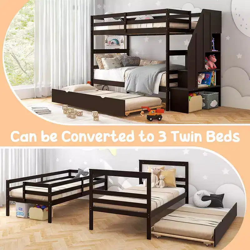 Letto a castello in legno Twin su Twin con cassettone estraibile, scale con contenitore, convertibile