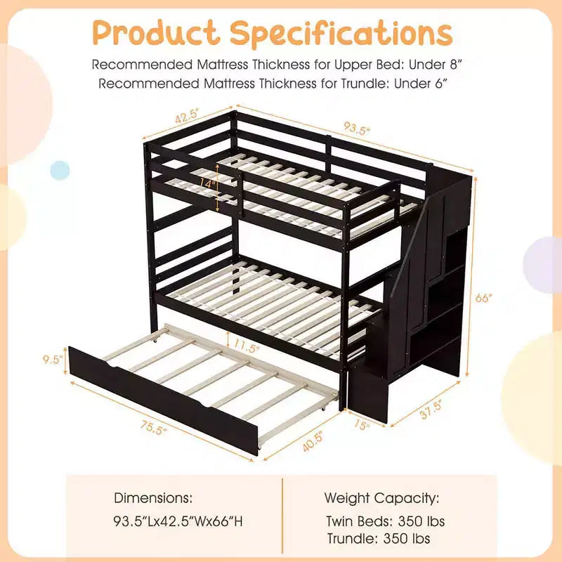 Letto a castello in legno Twin su Twin con cassettone estraibile, scale con contenitore, convertibile