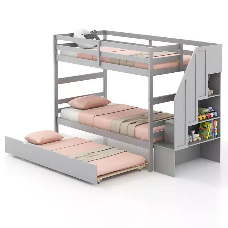 Twin over Twin Wooden Bunk Bed with Trundle, Storage Stairs, Convertible