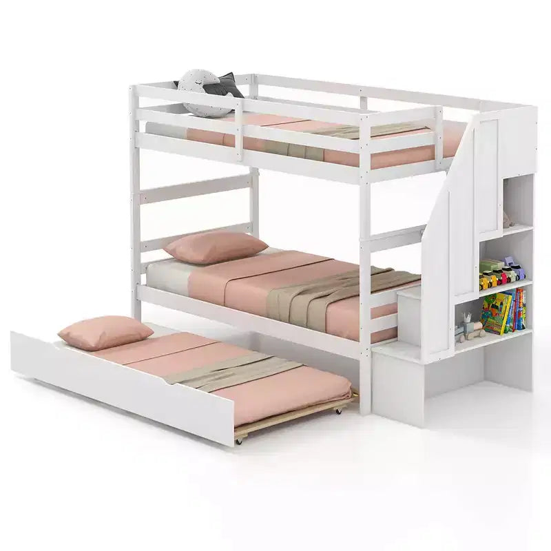Twin over Twin Wooden Bunk Bed with Trundle, Storage Stairs, Convertible