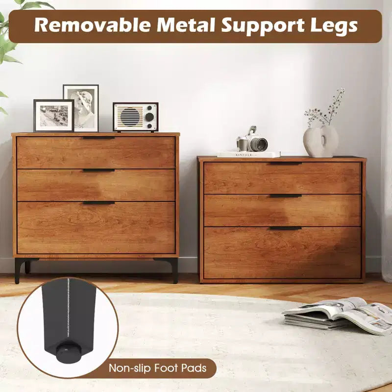 3-Drawer Dresser with Metal Support Legs & Anti-tipping Kit for Bedroom, Cherry