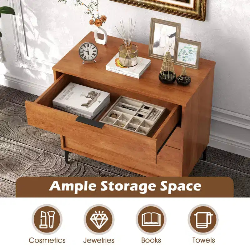 3-Drawer Dresser with Metal Support Legs & Anti-tipping Kit for Bedroom, Cherry