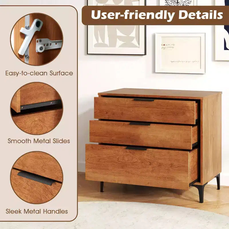 3-Drawer Dresser with Metal Support Legs & Anti-tipping Kit for Bedroom, Cherry