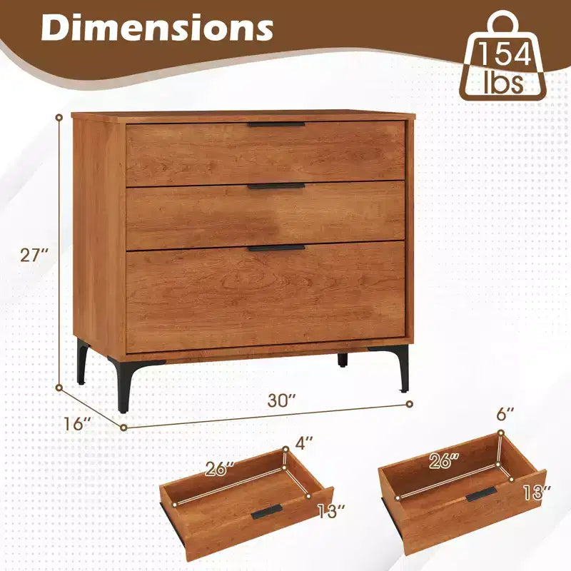 3-Drawer Dresser with Metal Support Legs & Anti-tipping Kit for Bedroom, Cherry