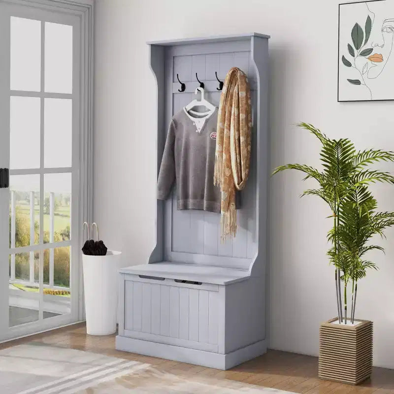 Appendiabiti da ingresso con attaccapanni e panca, panca per mudroom con contenitore e ganci