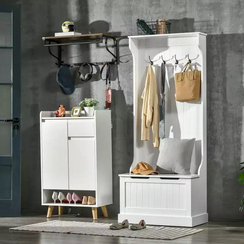 Appendiabiti da ingresso con attaccapanni e panca, panca per mudroom con contenitore e ganci