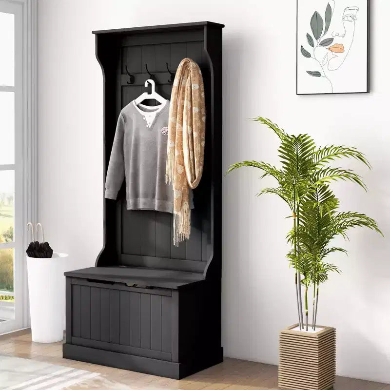 Appendiabiti da ingresso con attaccapanni e panca, panca per mudroom con contenitore e ganci
