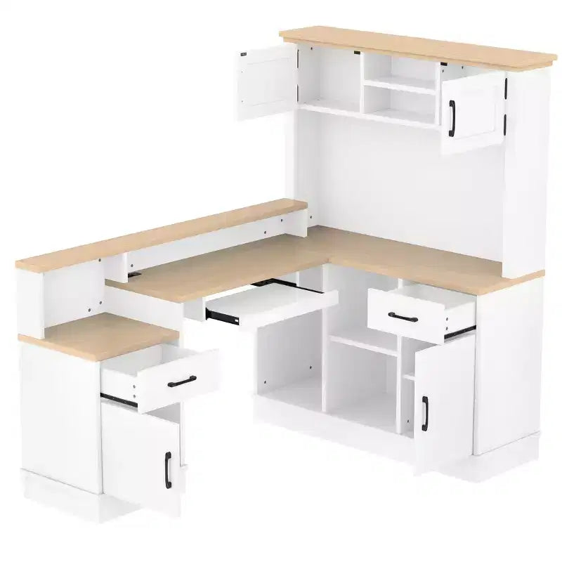 Scrivania da Gioco a Forma di L con Presa di Corrente, Cassetti, Libreria, Scrivania da Studio a Forma di L per Angolo