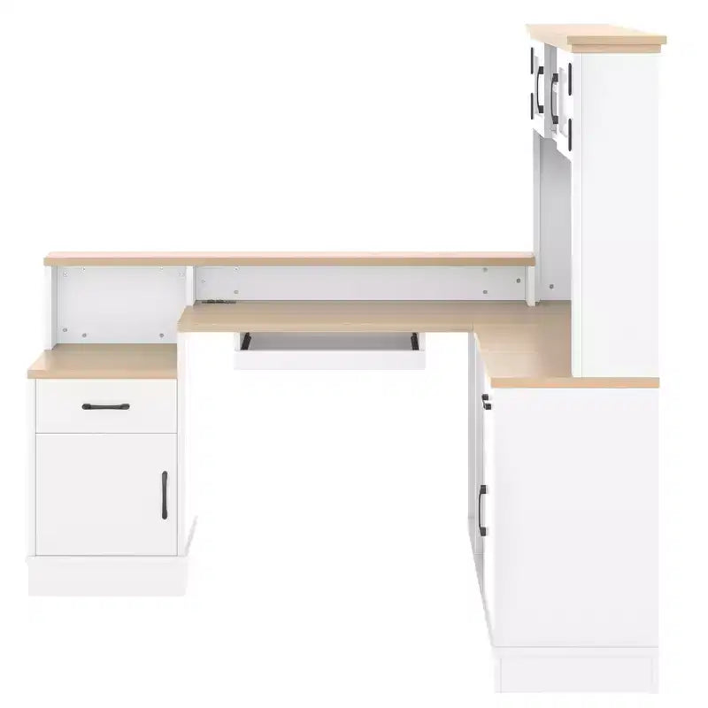 Scrivania da Gioco a Forma di L con Presa di Corrente, Cassetti, Libreria, Scrivania da Studio a Forma di L per Angolo