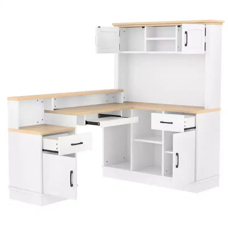 Scrivania da Gioco a Forma di L con Presa di Corrente, Cassetti, Libreria, Scrivania da Studio a Forma di L per Angolo