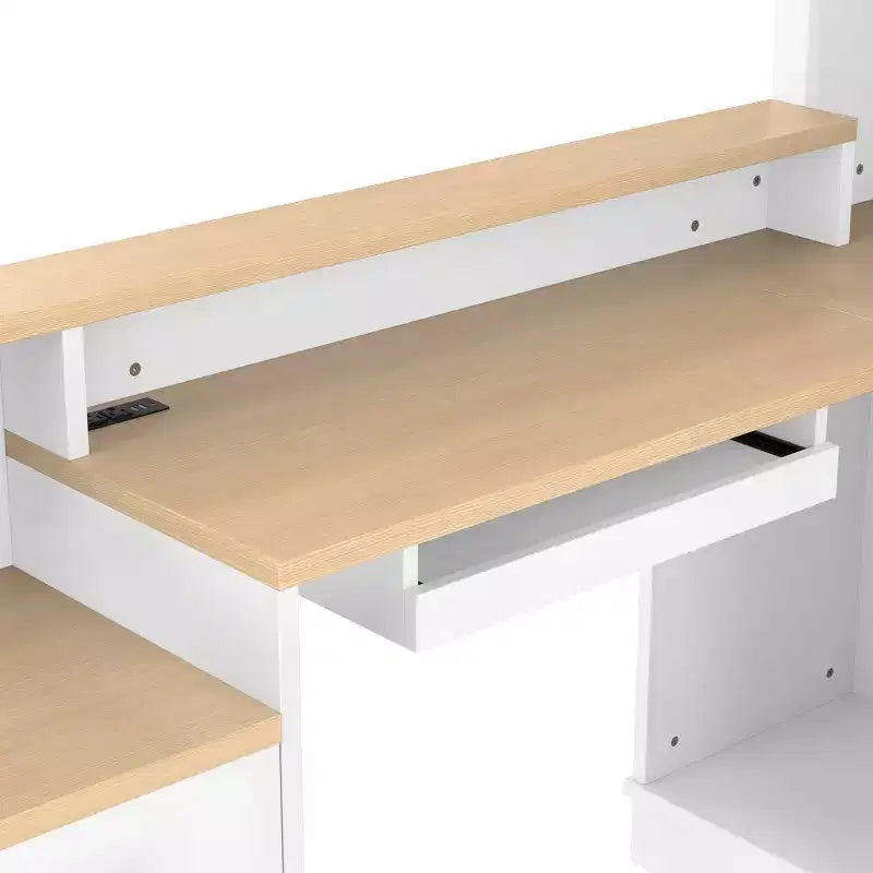 Scrivania da Gioco a Forma di L con Presa di Corrente, Cassetti, Libreria, Scrivania da Studio a Forma di L per Angolo